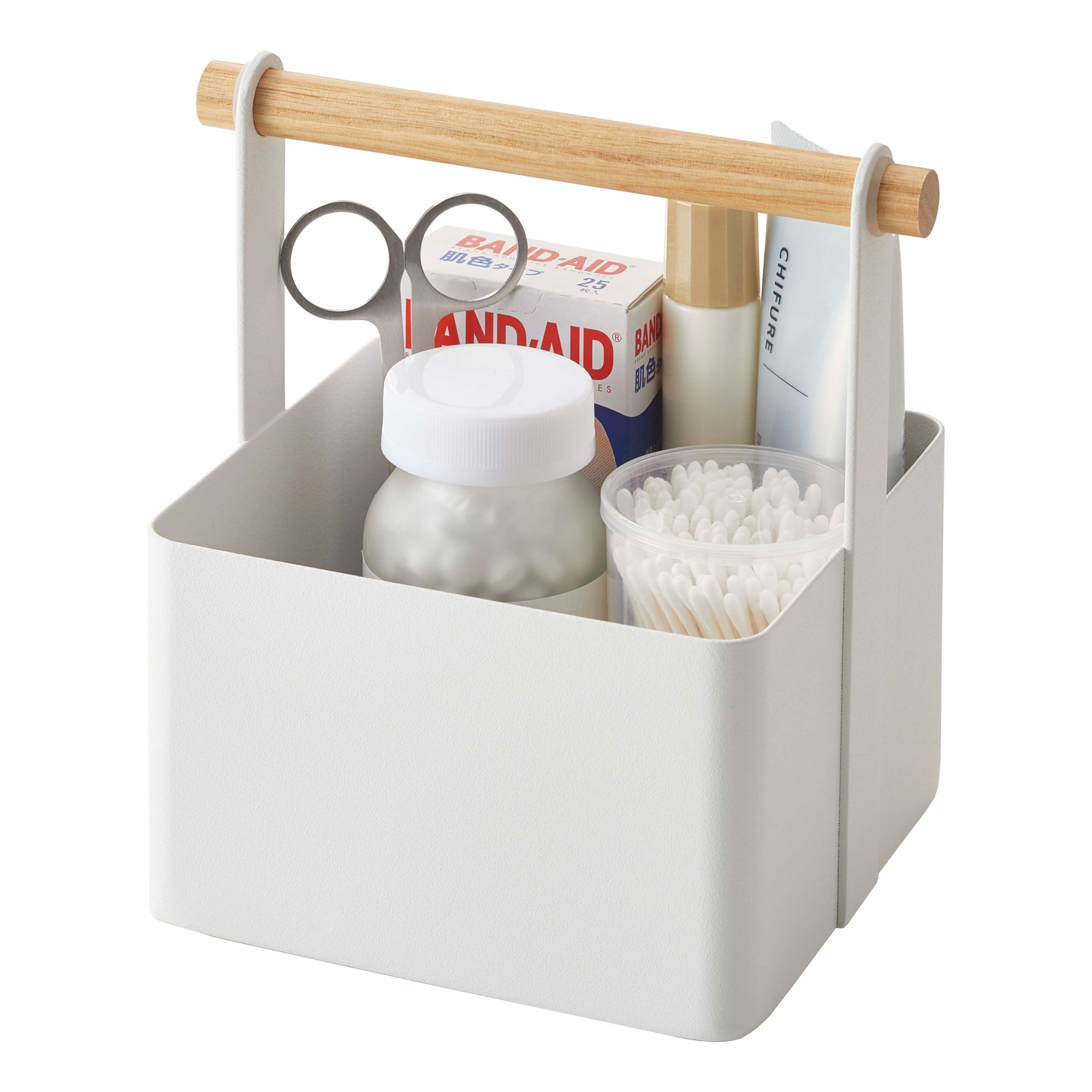 Yamazaki Home Tosca Storage Basket - Wood Handle Organizer - Steel + Wood, 6.3" H x 6.3" W x 5.1" D
