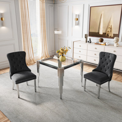 3-Piece Square Dining Table Set With Glass Top And Metal Base