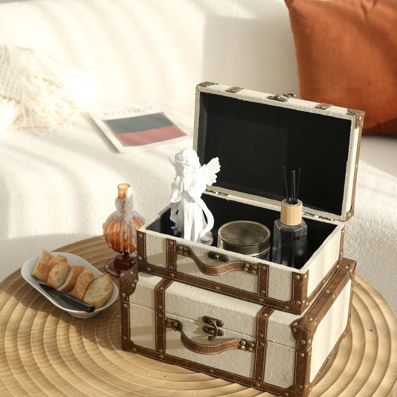 Vintage Suitcase Linen Fabric Covered Decorative Trunk Set Of 2 - Antique-style Wood Chests, Perfect For Weddings And Keepsakes