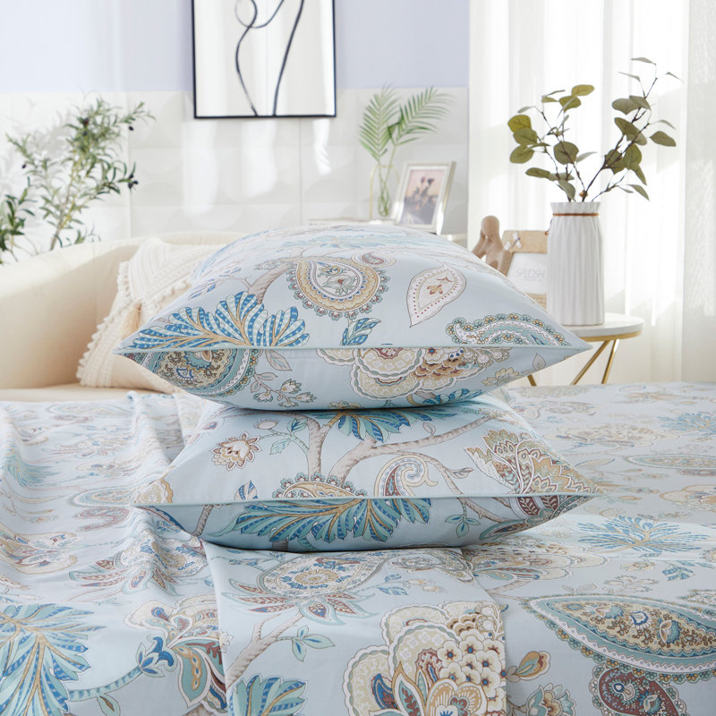 Ensemble de draps 100 % coton égyptien, 4 pièces, 800 fils/cm², style bohème damassé bleu classique luxueux, pour chambre à coucher ou chambre d'amis, toutes saisons.