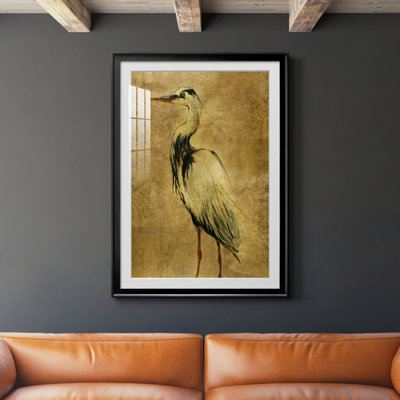 Grue dorée au crépuscule II - Tableau représentant une grue sur fond doré, encadré sous verre acrylique, grand format, idéal pour le salon.