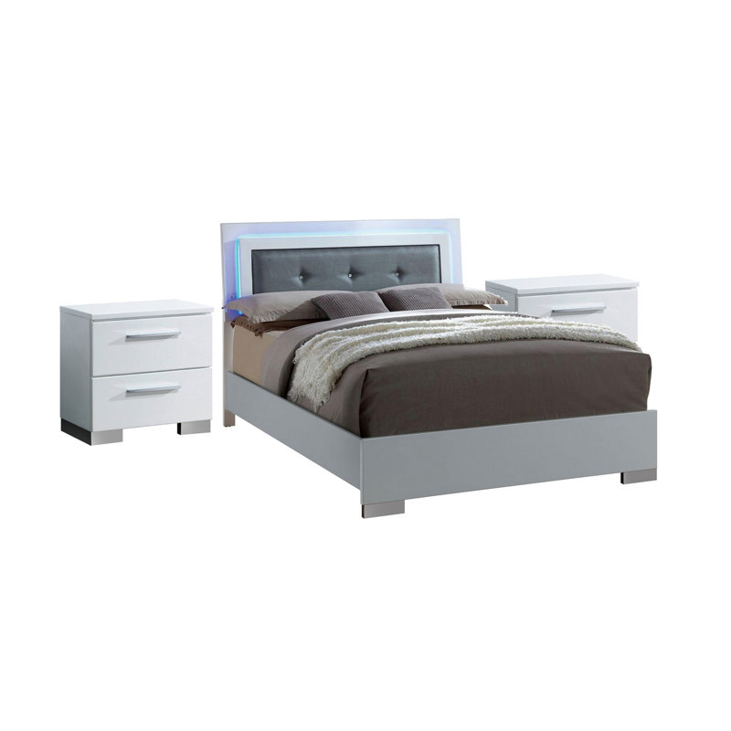 Ensemble de chambre avec très grand lit 3 pièces, blanc et bois noir, 2 tables de chevet