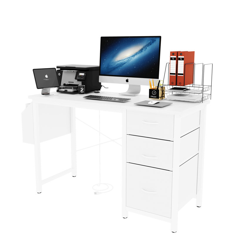 47.3"Office Desk With Power Outlet,3 Drawers,Side Pocket, Study Desk Easy To Assemble,Frame Stability Reversible For Home Desk, Company Computer Desk, Game Table,Vanity Table, White