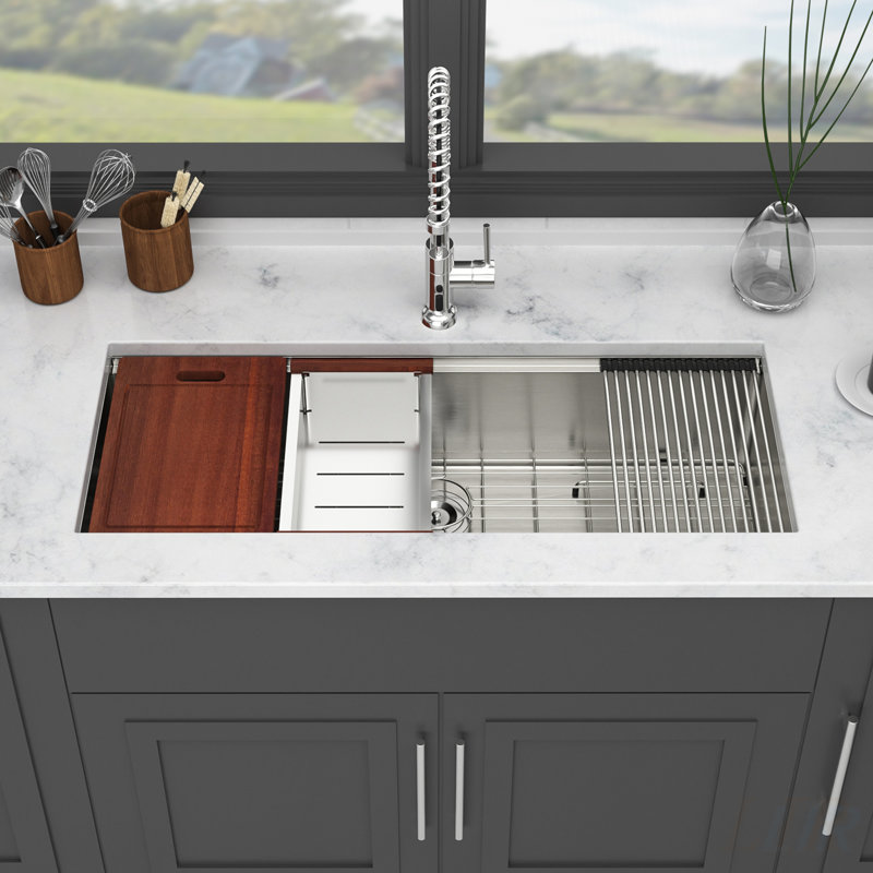 45 x 19 x 10 Inch Single Bowl Undermount Workstation Kitchen Sink - 16 Gauge Stainless Steel, Durable and Multi-Functional