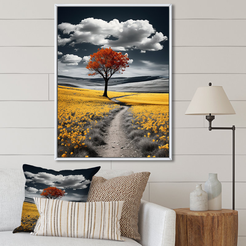 Road In The Yellow Wilderness - Art mural sur toile route, H 20 po x l 12 po x P 1 po, Cadre flottant blanc