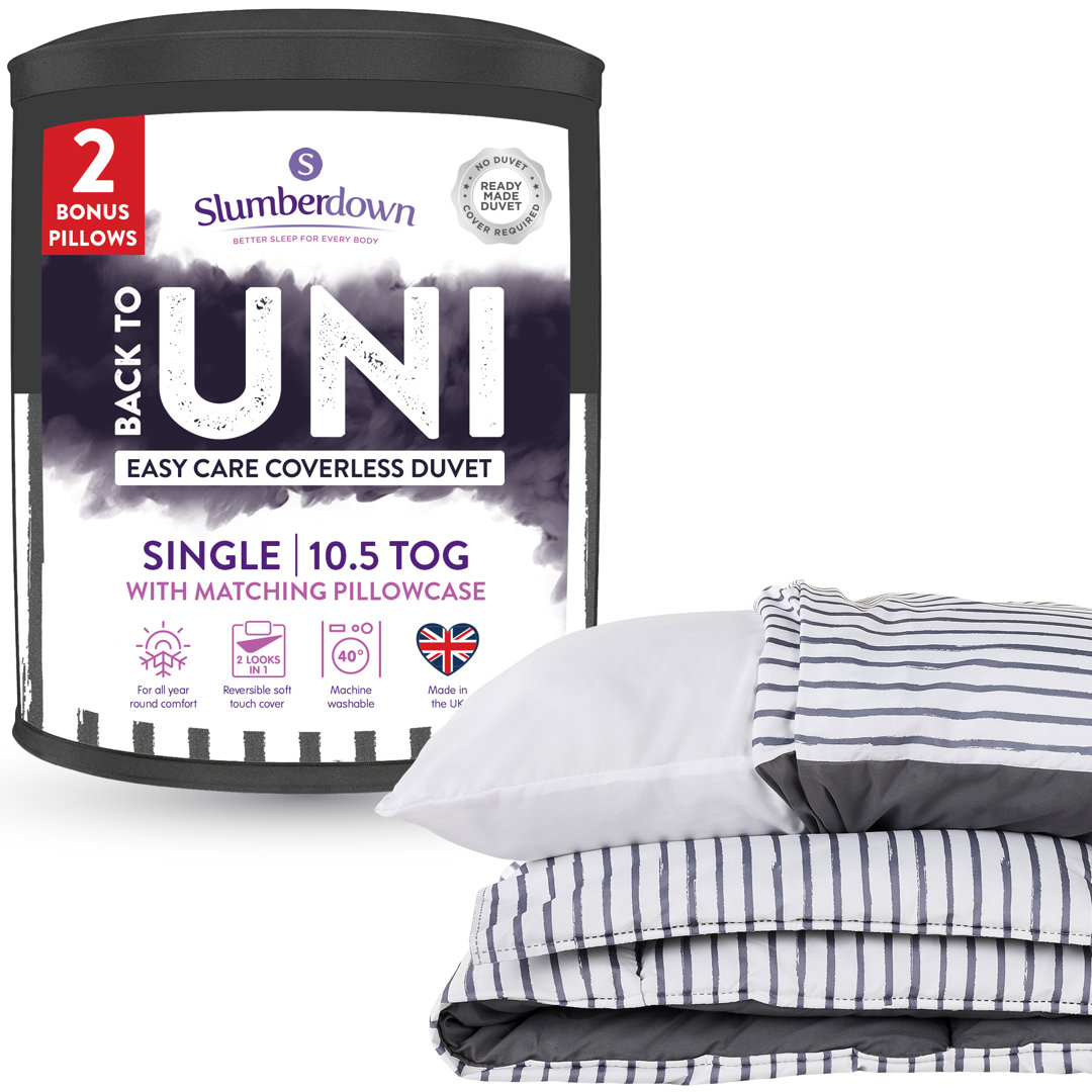 Back to Uni Grey Printed Stripe 10.5 Tog Duvet, 2 Medium Pillows