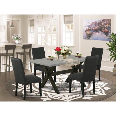 5 Piece Dining Table Set for 4 Includes a Rectangle Kitchen Table with X-Legs and 4 Black Color Linen Fabric Upholstered Chairs, Wire brushed Black