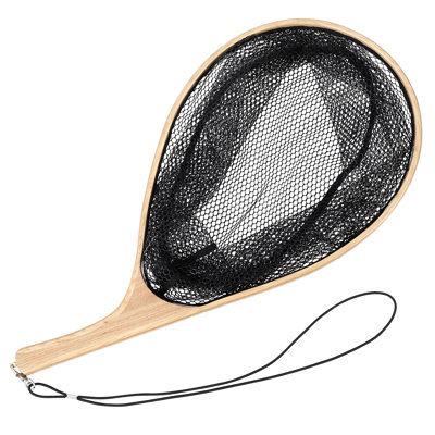 Curved Wooden Handle Fly Fishing Landing Net – Lightweight & Portable – Soft Rubber Mesh for Catch and Release – Durable Heavy Duty Fishing Tool – Color: Dark Web