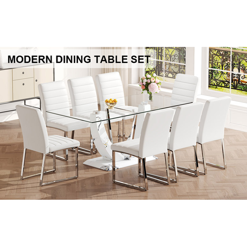Ensemble de table de salle à manger, grande table rectangulaire moderne en verre et 8 chaises