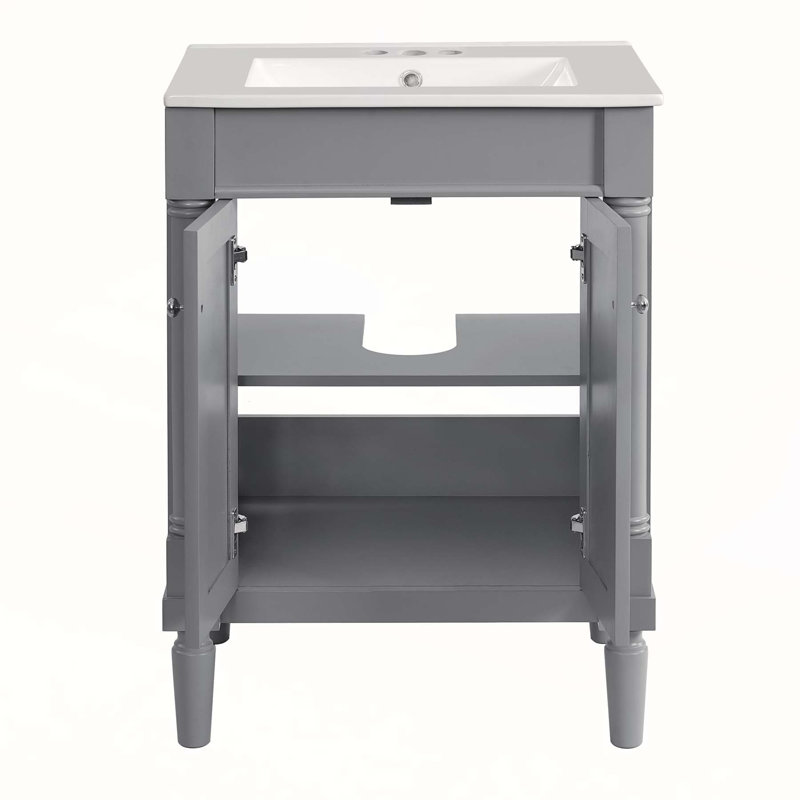 Meuble-lavabo moderne de 24 pouces avec lavabo supérieur en céramique, rangement spacieux et cadre en bois massif durable