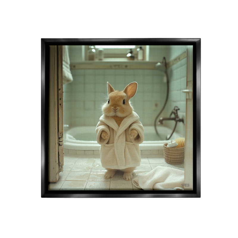 "Lapin en peignoir" par RB sur toile, Cadre flottant noir de jais, H 25 po x l 25 po
