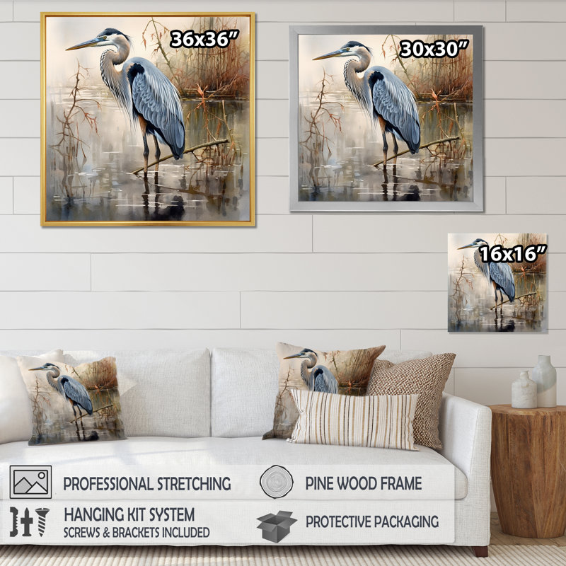 «Graceful Heron Waterbird IV - Heron», art mural, H 30 po x l 30 po, Toile tendue, Sans cadre