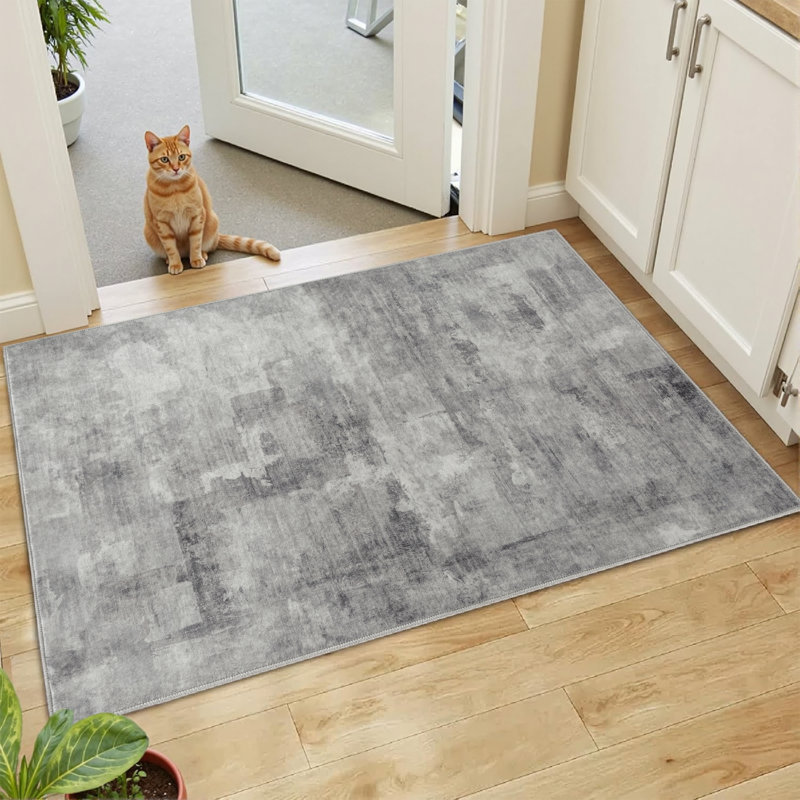 Tapis abstrait lavable à la machine avec envers antidérapant Amott, Gray, 0.28", Rectangulaire 2 pi x 3 pi