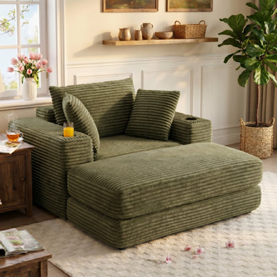 52" Corduroy Modern Boneless Chaise Lounge Indoor, 3-in-1 Oversized Cloud Folding Compression Sofa Bed with Ottoman & Cup Holders, No Assembly Required, Fluffy Comfy Single Reading Chair for Living Room, Bedroom, Small Space