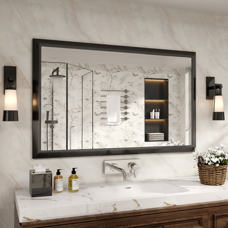 Molly Tempered Glass Metal Beveled Framed Wall Mounted Vanity Rectangular Mirror, 48" x 30", Black