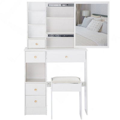 Table de coiffeuse 29,2 po avec tiroir à gauche avec tabouret rembourré, rangement multi-couches grande capacité, commode pratique