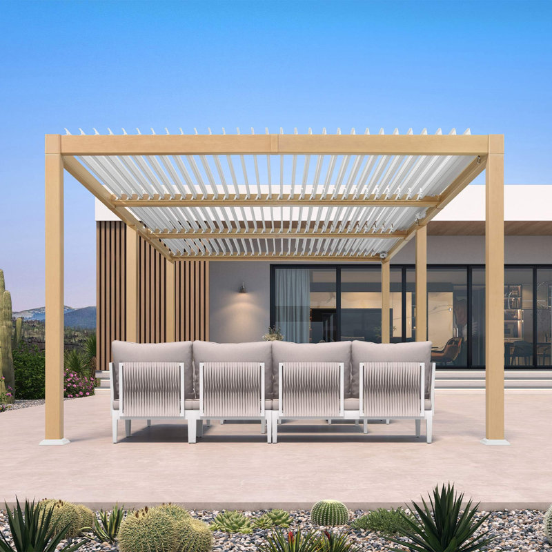 Pergola à persiennes en aluminium à grain de bois 11 po x 21 pi avec toit ajustable et patio rétractable à toit rigide pour la terrasse