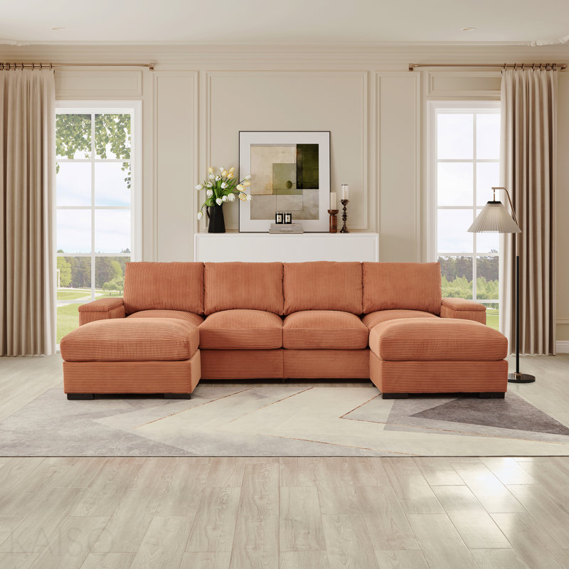 Canapé modulaire à assise profonde avec repose-pieds, canapé-lit en velours côtelé, Orange