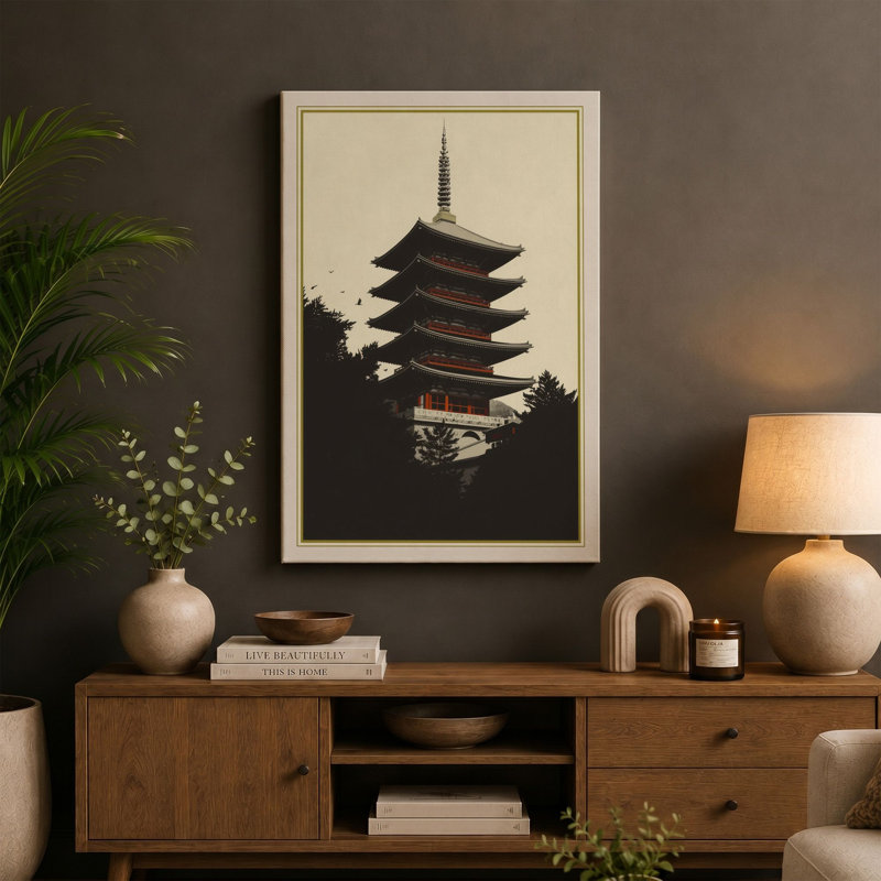 Pagoda in Silhouette Japandi - Wrapped Canvas, 24x16 - 61.0 x 40.6 cm, White Border