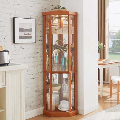Corner Lighted Curio Cabinet With Adjustable Glass Shelves And Mirrored Back, Ideal For Displaying Antiques, Wine, And More In Living Rooms
