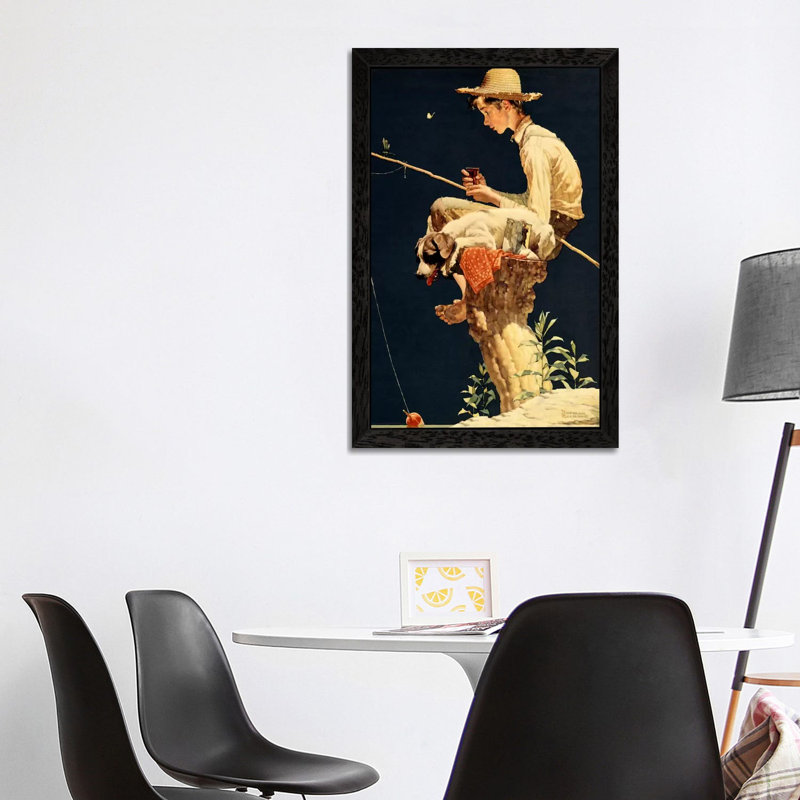 Boy Fishing by Norman Rockwell - Painting on Canvas, 66.04 cm H x 45.72 cm W, Black Framed