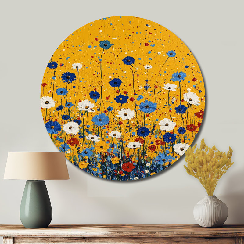 «Blue Golden Wildflower Meadow Scenery I - Traditional Blue», reproduction d'art en métal, H 16 po x l 16 po
