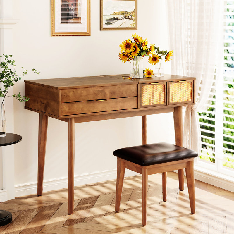 Brown Wood Dressing Vanity Table With Flip-Top Mirror & Stool, Three Drawers For Delicate Makeup Corner Solid Mirror, Stool And Exquisite Setup