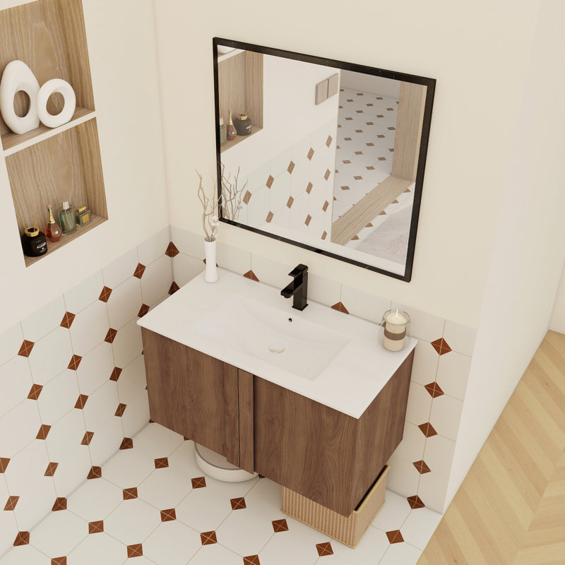Meuble-lavabo mural de 30 po avec lavabo en céramique et portes à fermeture en douceur, 35.91
