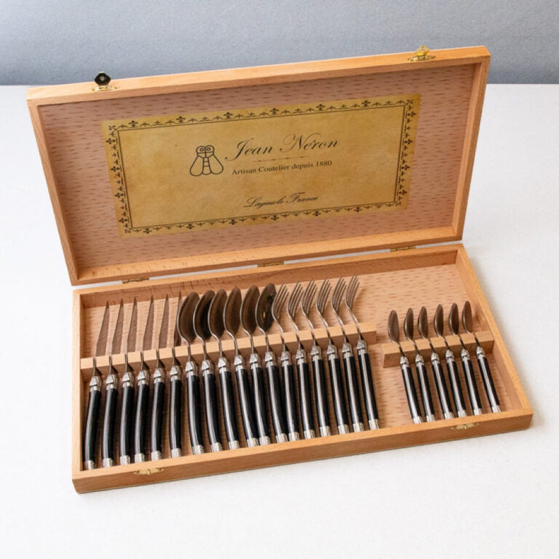  Ensemble de couverts 24 pièces, noir Platine dans une boîte de présentation en bois, Noir platine