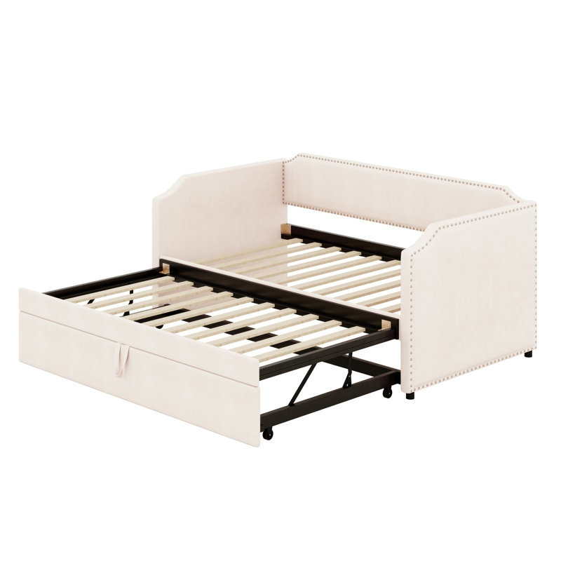 Lit de jour en velours avec lit gigogne, Beige