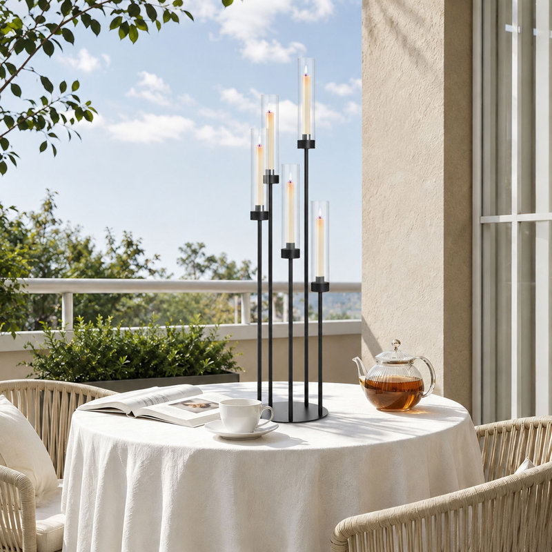 39.8‘’ Tall Matte Black Candle Holder with Acrylic Shades for Halloween Living Dining Room Fireplace Decoration, LED Candles Excluded