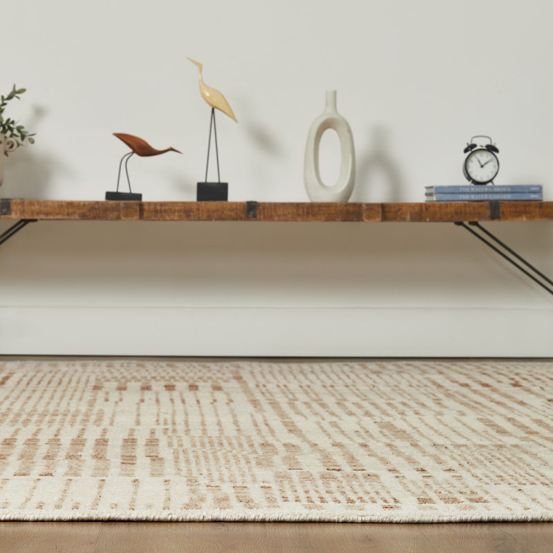 Meridian Weathered Stone Wool Hand Knotted Area Rug, Ivory/Gold, Runner 2'6" x 10'