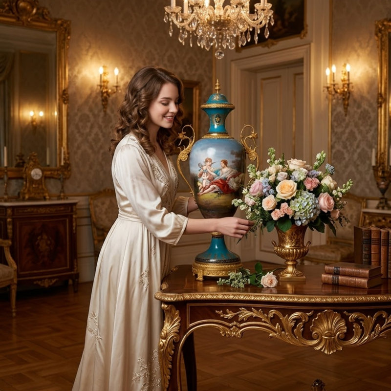Elegant & Decorative 40 Inch Rococo Cherub Jar with Porcelain & Bronze Floral Handles Base for Home