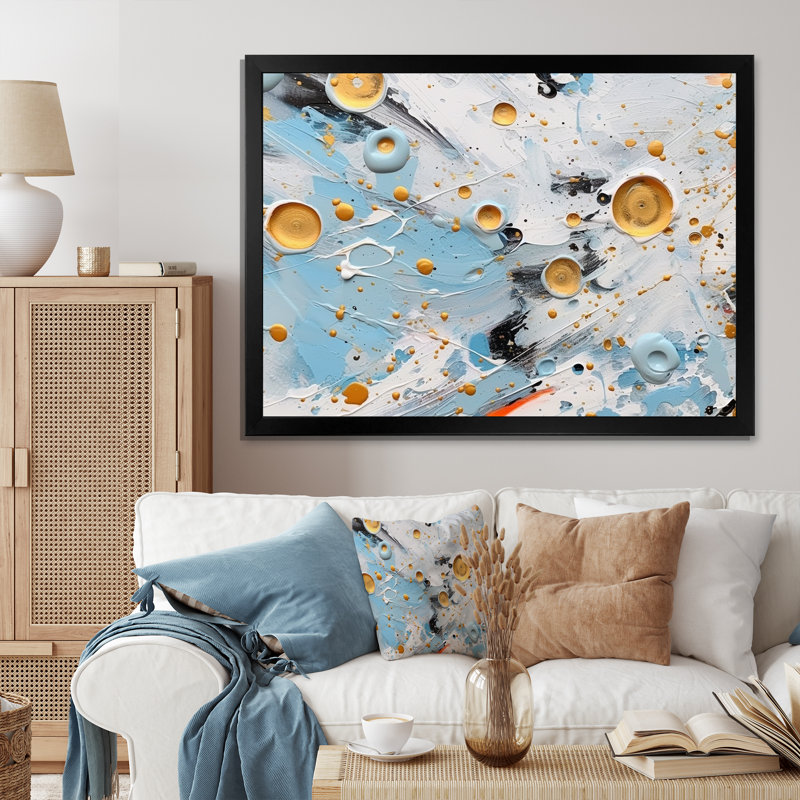 Combat abstrait bleu sarcelle et doré sur toile, Cadre simple noir, H 12 po x l 20 po x P 1 po