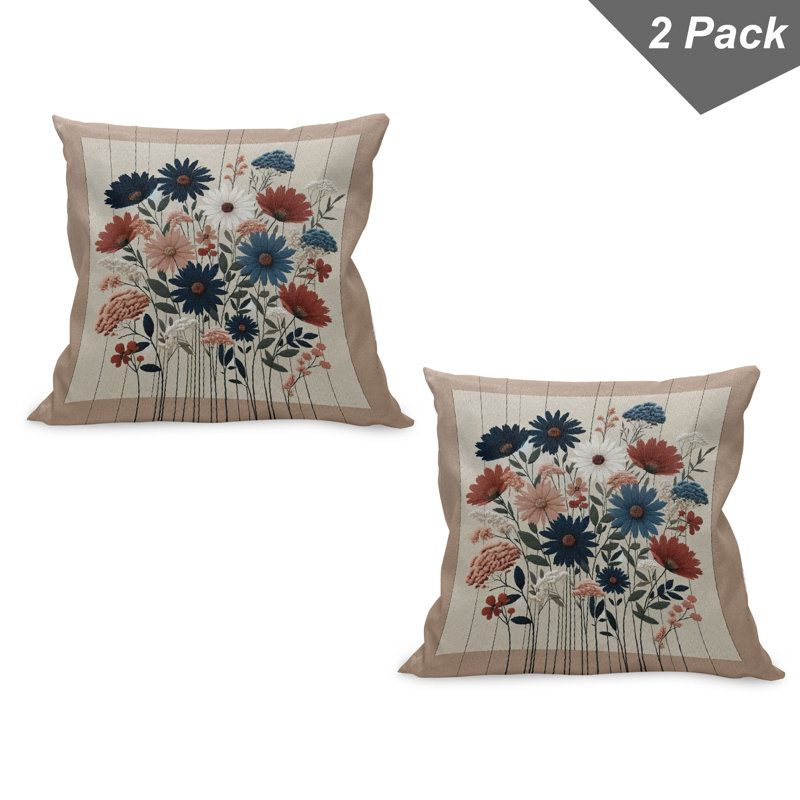 Warm Taupe Dark Blue Ruby Floral Polyester Square Pillow Covers