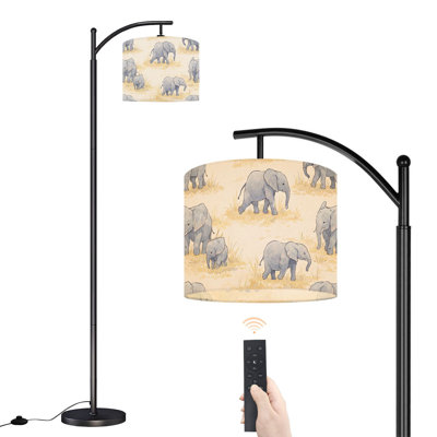 Arc Floor Lamp with Adjustable Lampshade Watercolor Elephants Walking Grasslands Standing Lamp 3 Color Temperatures Dimmable Tall Pole Lamp with Foot Switch for Bedroom