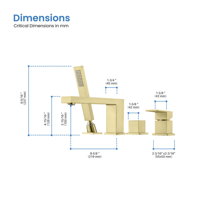 Cube Deck Tub Filler with Diverter, Brushed Gold