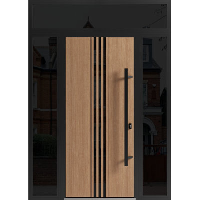 Façade avant en acier pré-suspendue / teck Ronex 1055/2 portes latérales et latérales extérieures latérales / entrée en métal peint moderne l 12 + 36 + 12 po x H 80 + 16 po à gauche