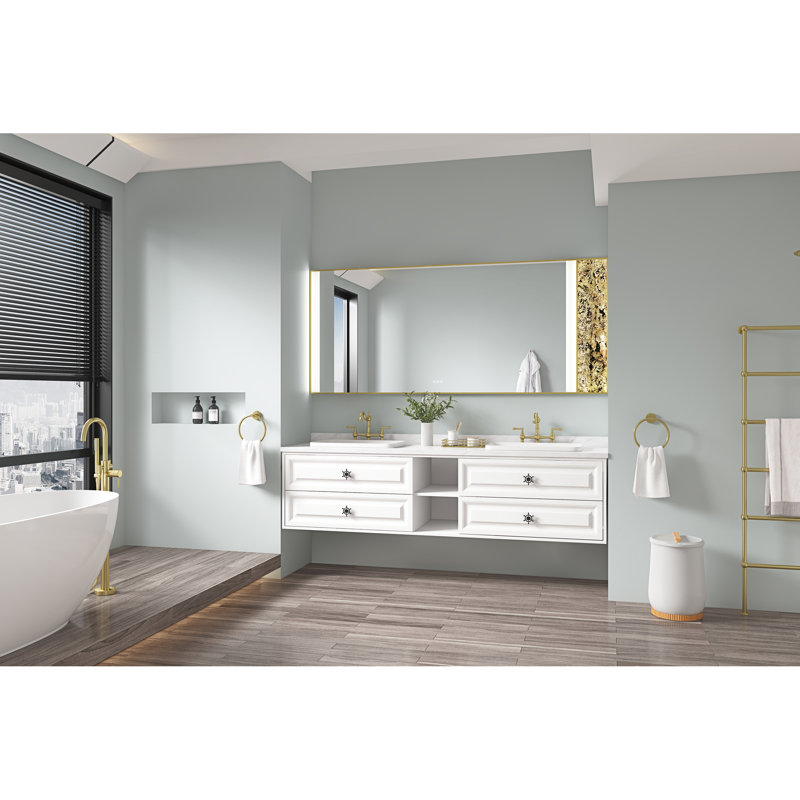 Miroir de salle de bain 96 po x 36 po à DEL avec dossier, brouillard fixé au mur, grand brouillard réglable, cadre en aluminium, meuble-lavabo à mémoire de forme ajustable, doré