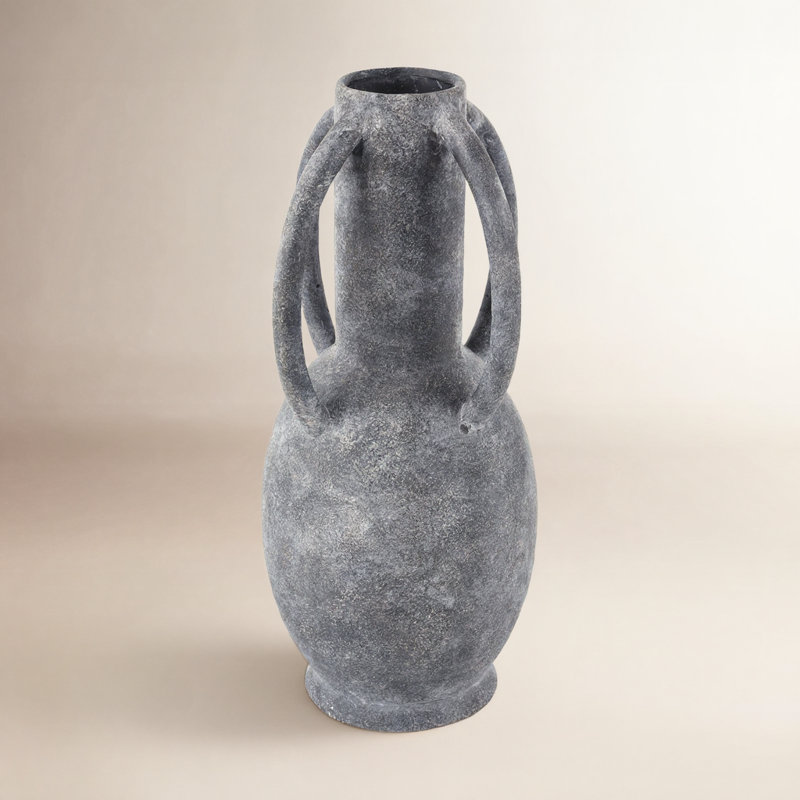 Ceramic Textured Decorative Vase with 4 Handles, 14.75" H x 7.38" W x 7.38" D, Gray
