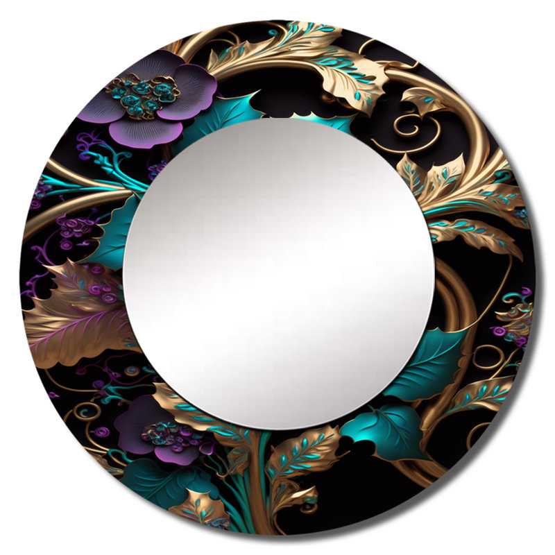 Saorla fleurs abstraites ornées en mauve et or III - miroir décoratif floral, miroir mural rond traditionnel, impression d'art en métal