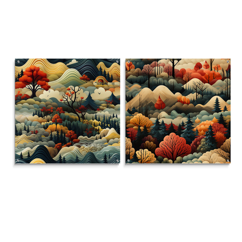 «Earth Tones Dreamy Forest Landscape», ensemble de 2 peintures murales abstraites en acrylique, H 16 po x l 33 po