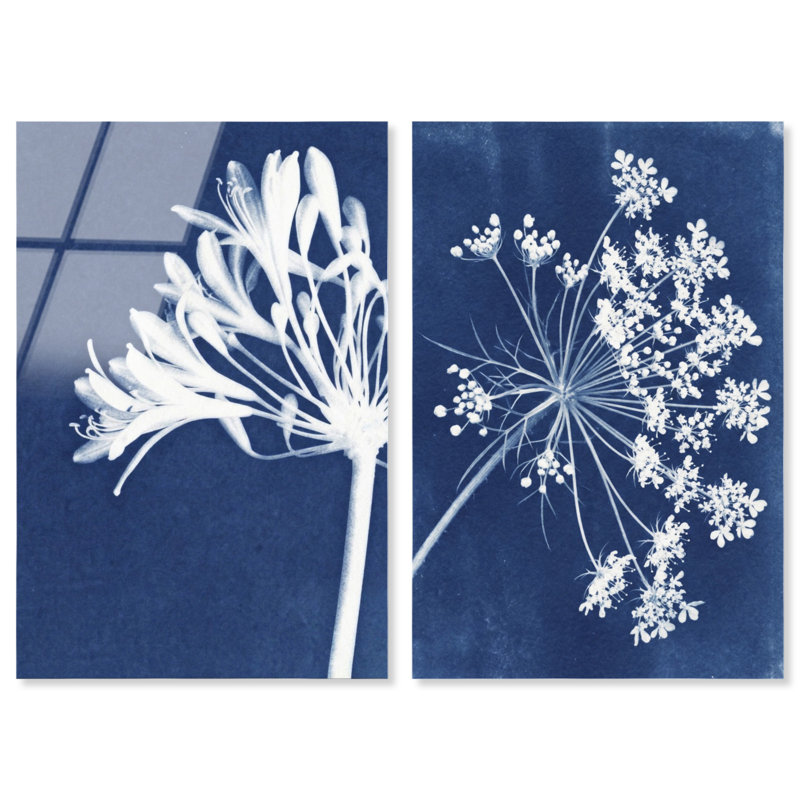 Cyan Flowers Set High-Gloss Frameless Acrylic Glass Wall Art Floral & Botanical Print by Oliver Gal, Ready to Hang, 10 x 15