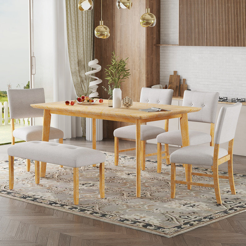 6 - Piece Modern Dining Table with Bench Set, Natural Wood Wash