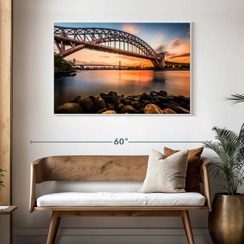 Pont Triboro au coucher du soleil, 46 po x 31 po, Cadre flottant blanc