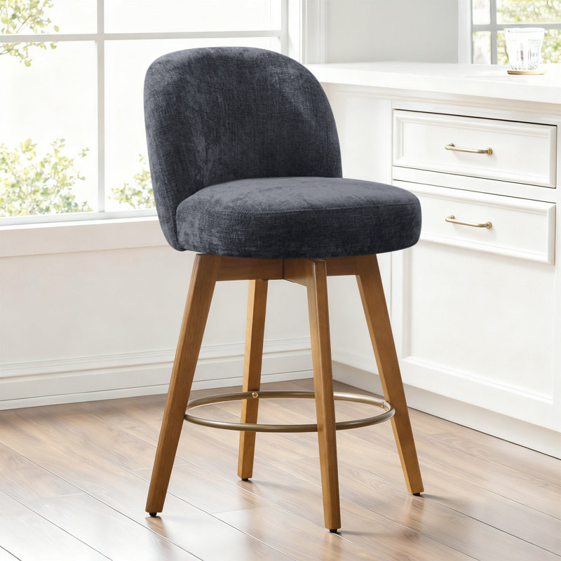 26" Mid-Century Modern Counter Height Bar Stools, 360° Swivel Fabric Upholstered Barstools with Solid Wood Legs, Island Chairs with Backrest