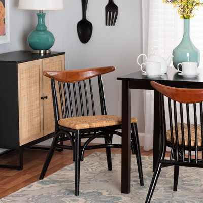 Hofer Mid-Century Modern Two-Tone Black And Walnut Brown Finished Mahogany Wood And Natural Rattan Dining Chair