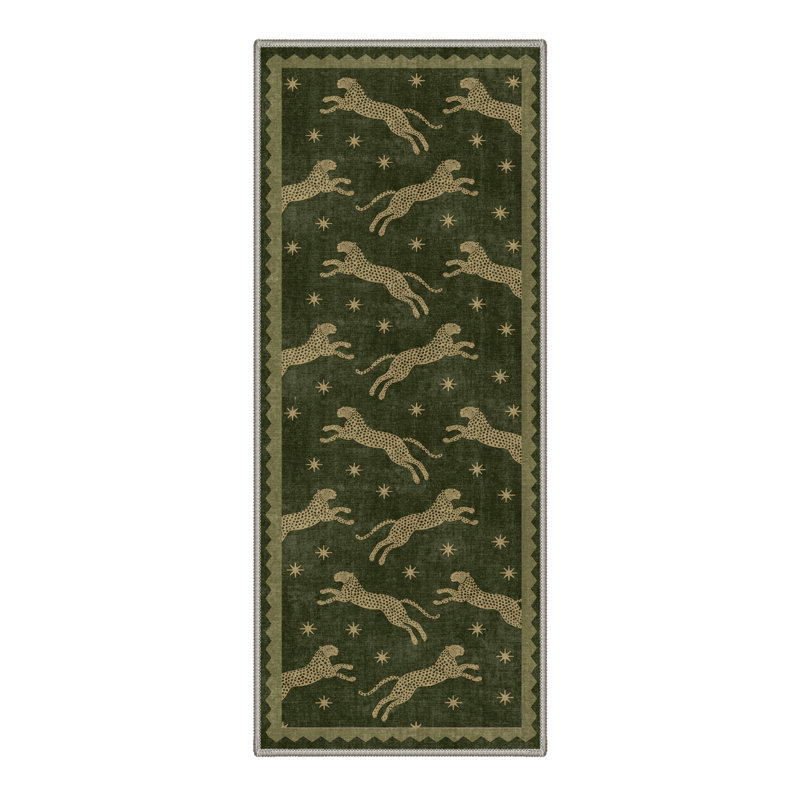 Cheetah Collection Animal Print Machine Washable Green / Beige Indoor Area Rug with Non-Slip Backing, Runner 2' x 7'