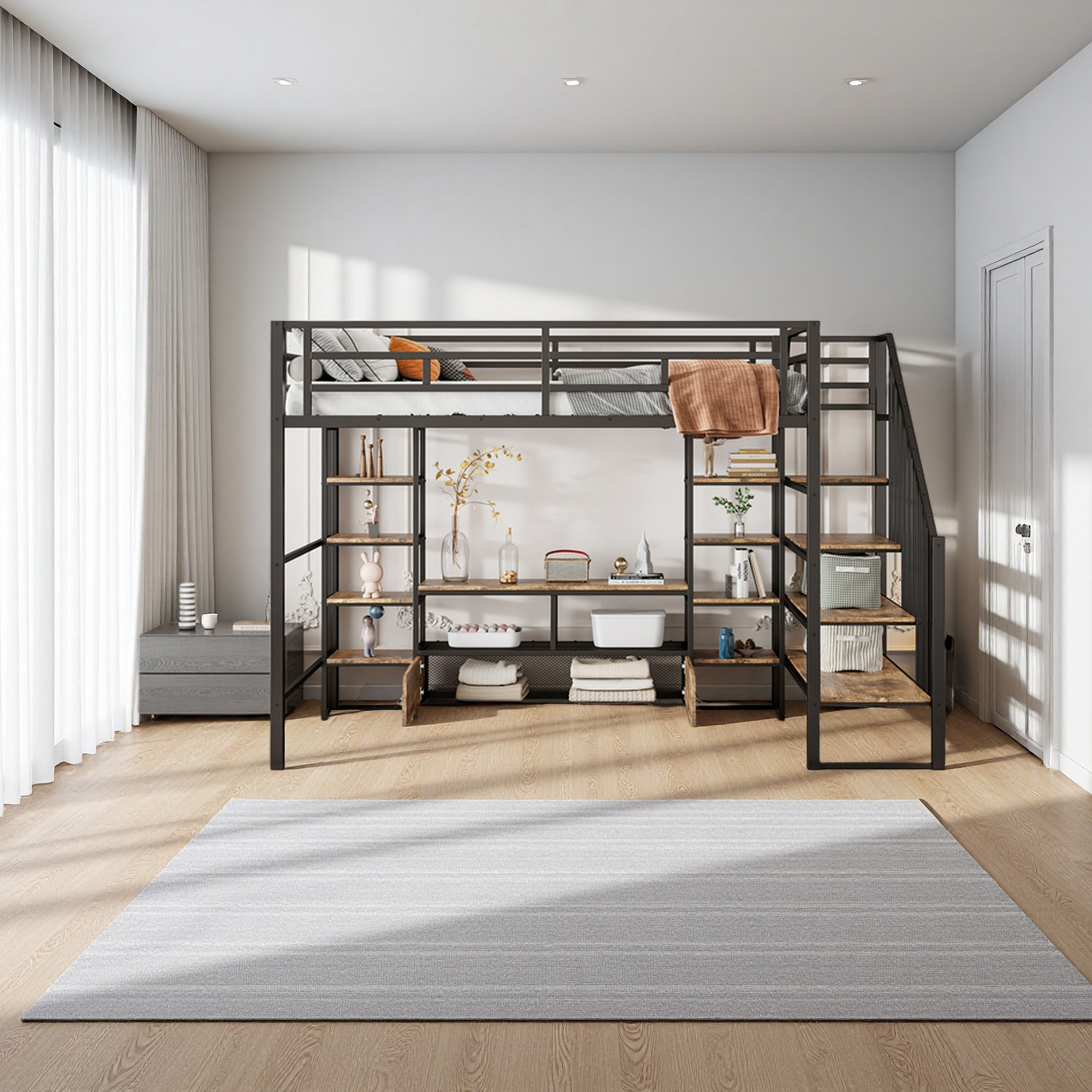 Picture of Mason & Marbles Full Size Metal Loft Bed With Staircase,Low Storage ...