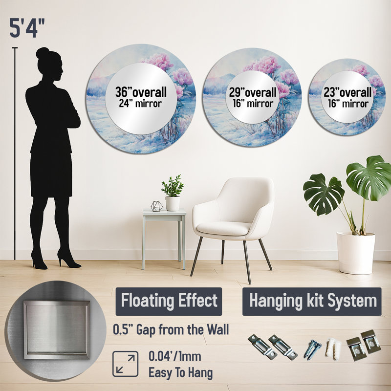 Pivoines dans un champ couvert de givre I - décoration murale miroir floral - imprimé sur métal, 29 po x 29 po
